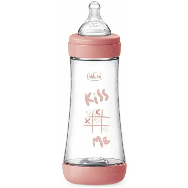 Biberon anti-colici, Chicco, Perfect 5, 300 ml, Tetina Physio din silicon Soft Sense, Flux rapid, Sistem Equilibrium, Baza detasabila, Fara BPA, 4 luni+, Roz