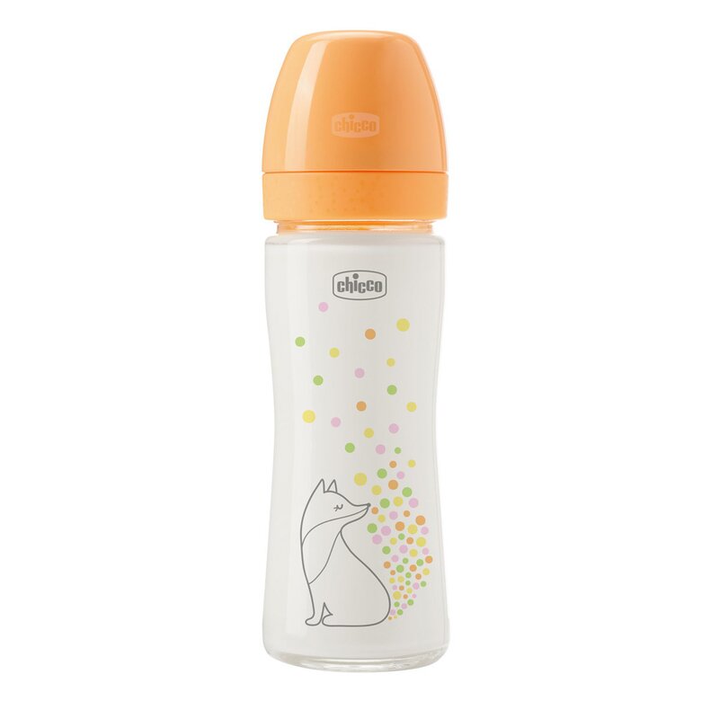 Biberon sticla, Chicco, Perfect Easy, 240 ml, Gat larg, Tetina silicon Soft Sense, Debit lent, Ergonomic, Antiscurgere, Potrivit pt masina de spalat vase si microunde, 0 luni+, Portocaliu