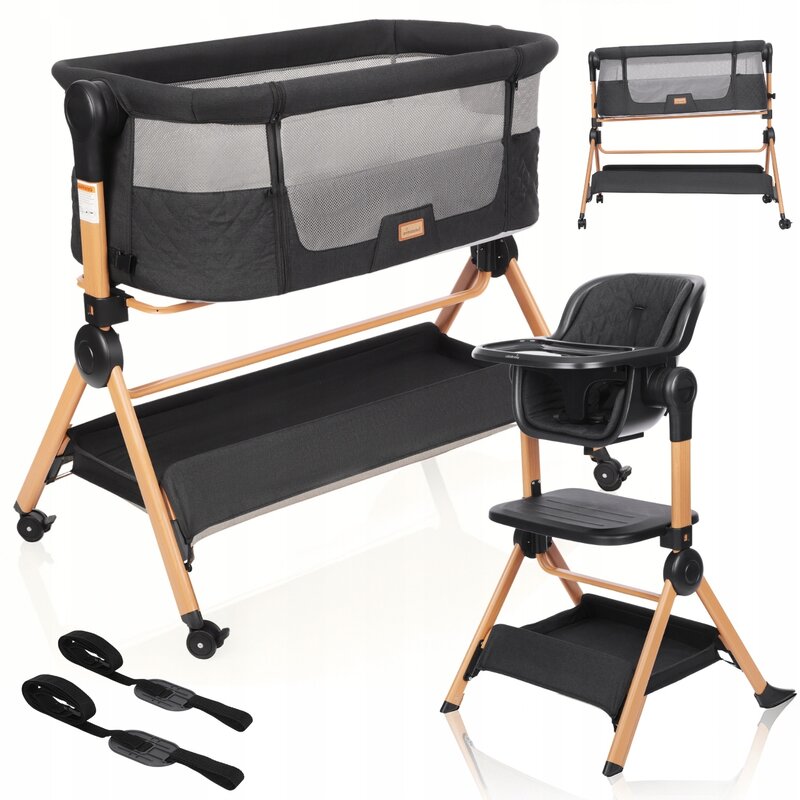 Patut transformabil in scaun de masa, Primabobo, Vera, Multifunctional, 3 trepte de inaltime, Sarcina maxima 9 kg - pat, 15 kg - scaun de masa, Saltea inclusa, Negru