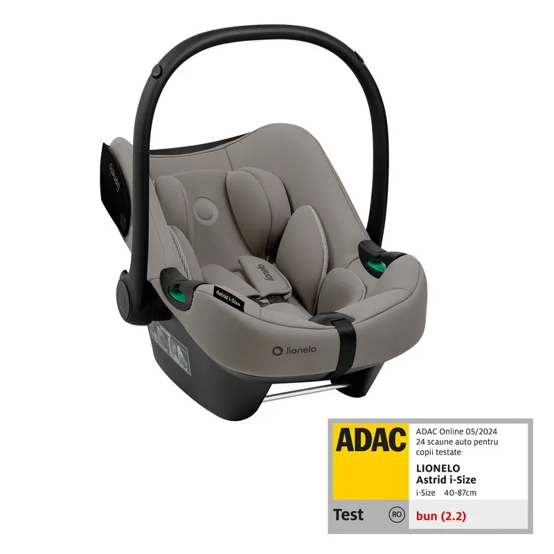 Scoica auto, Lionelo, i-Size Astrid, 0-13 Kg, 40-87 cm, Cu maner si capotina reglabile, Cu protectie laterala avansata, Salteluta confortabila, Testat ADAC, Conform cu standardul european de securitate R129, Taupe