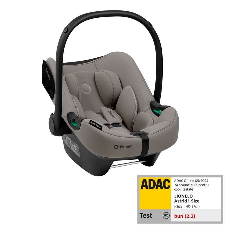 Scoica auto, Lionelo, i-Size Astrid, 0-13 Kg, 40-87 cm, Cu maner si capotina reglabile, Cu protectie laterala avansata, Salteluta confortabila, Testat ADAC, Conform cu standardul european de securitate R129, Taupe