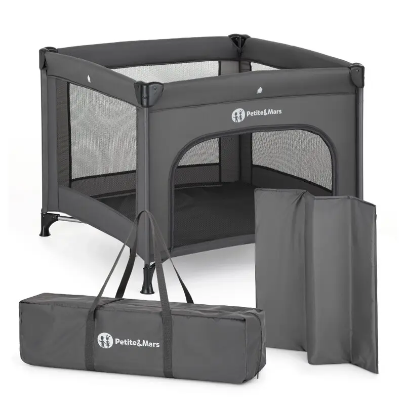 Tarc pliant, Petite&Mars, Nook, 90 x 90 cm, Pliere compacta, Include geanta de transport, Intrare laterala, Pereti din plasa, Structura stabila, Pana la 15 kg, 0 luni+, Gri