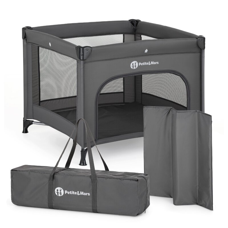 Tarc pliant, Petite&Mars, Nook, 90 x 90 cm, Pliere compacta, Include geanta de transport, Intrare laterala, Pereti din plasa, Structura stabila, Pana la 15 kg, 0 luni+, Gri