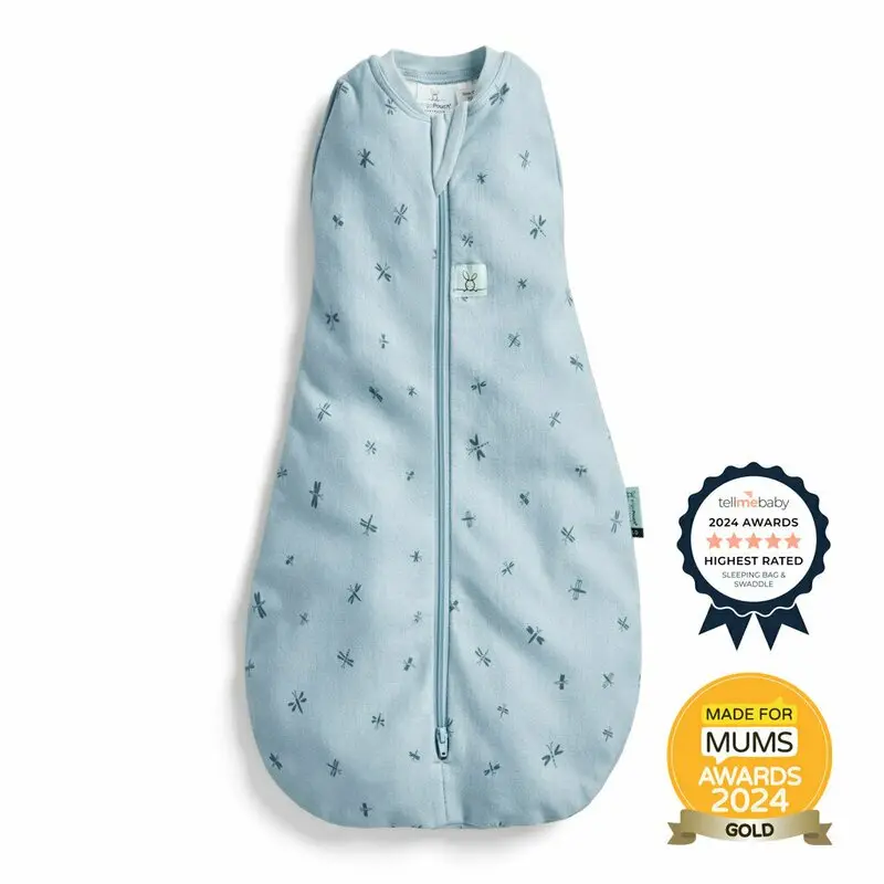 Sistem de infasat si sac de dormit, ErgoPouch, 2 in 1, 0-3 luni, 3-6 kg, TOG 0.2, Bumbac organic, Fermoar bidirectional, Transformabil, Lavabil la masina, Certificat non-toxic, Premiat in Australia, Model libelule, Albastru