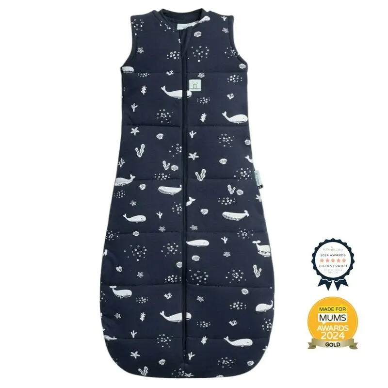 Sac de dormit, ErgoPouch, Jersey, 3-12 luni, 6-10 kg, TOG 2.5, Bumbac organic, Fermoar bidirectional, Lavabil la masina, Croiala slim fit, Certificat non-toxic, Premiat in Australia, Model balene, Albastru
