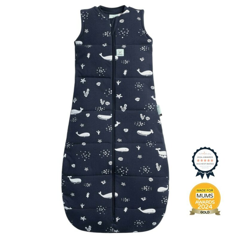 Sac de dormit, ErgoPouch, Jersey, 3-12 luni, 6-10 kg, TOG 2.5, Bumbac organic, Fermoar bidirectional, Lavabil la masina, Croiala slim fit, Certificat non-toxic, Premiat in Australia, Model balene, Albastru