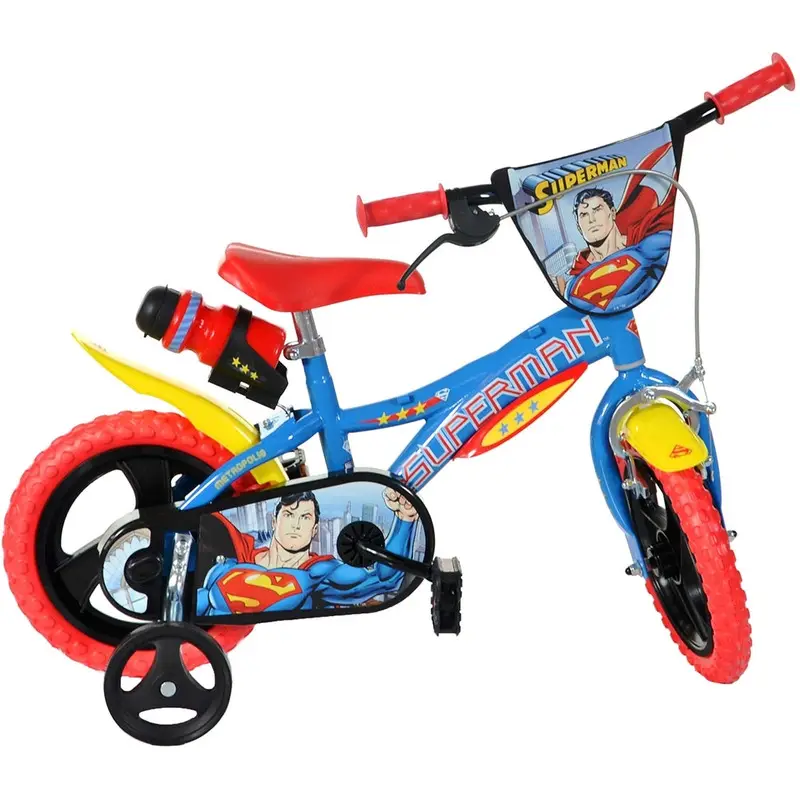 Bicicleta copii, Dino Bikes, Superman, Roti ajutatoare, Suport cu sticla de apa, 12 inch, Cadru din otel, Pana la 110 cm, Blue/Red