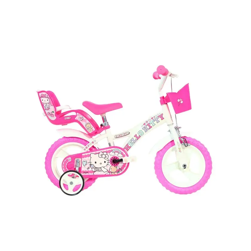 Bicicleta copii, Dino Bikes, Hello Kitty, Roti ajutatoare, Cosulet frontal, Scaunel pentru papusi, 12 inch, Cadru din otel, Pana la 110 cm, White