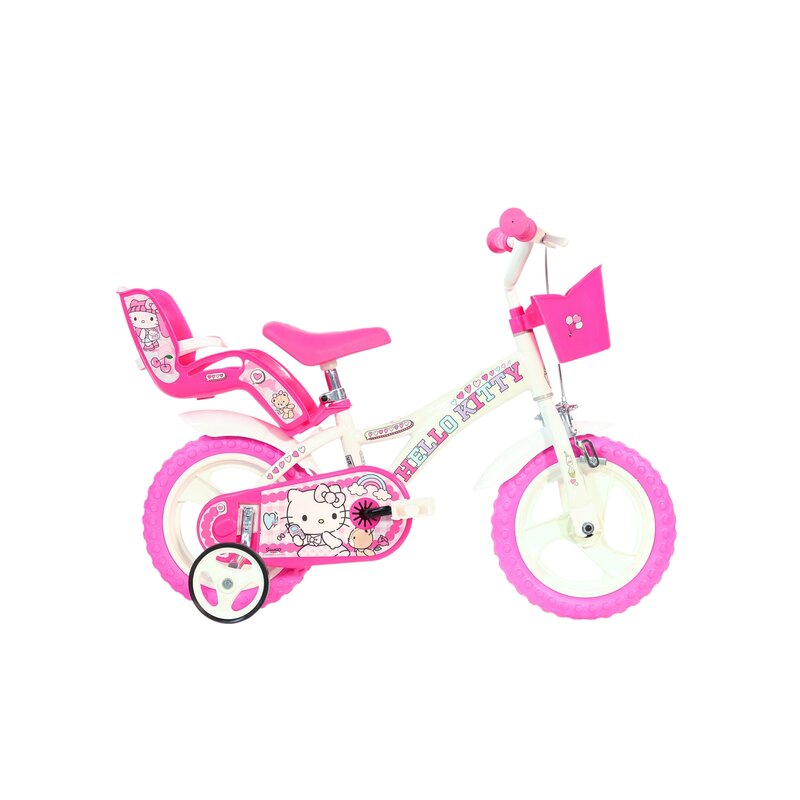 Bicicleta copii, Dino Bikes, Hello Kitty, Roti ajutatoare, Cosulet frontal, Scaunel pentru papusi, 12 inch, Cadru din otel, Pana la 110 cm, White