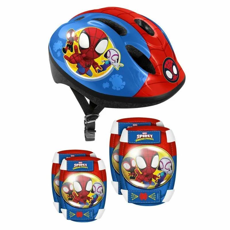 Set casca protectie, genunchiere si cotiere, Stamp, Spidey, Sigure si confortabile, Reglabile, Conform cu EN1078, Marime 50/56 cm, 3 ani+, Albastru/Rosu