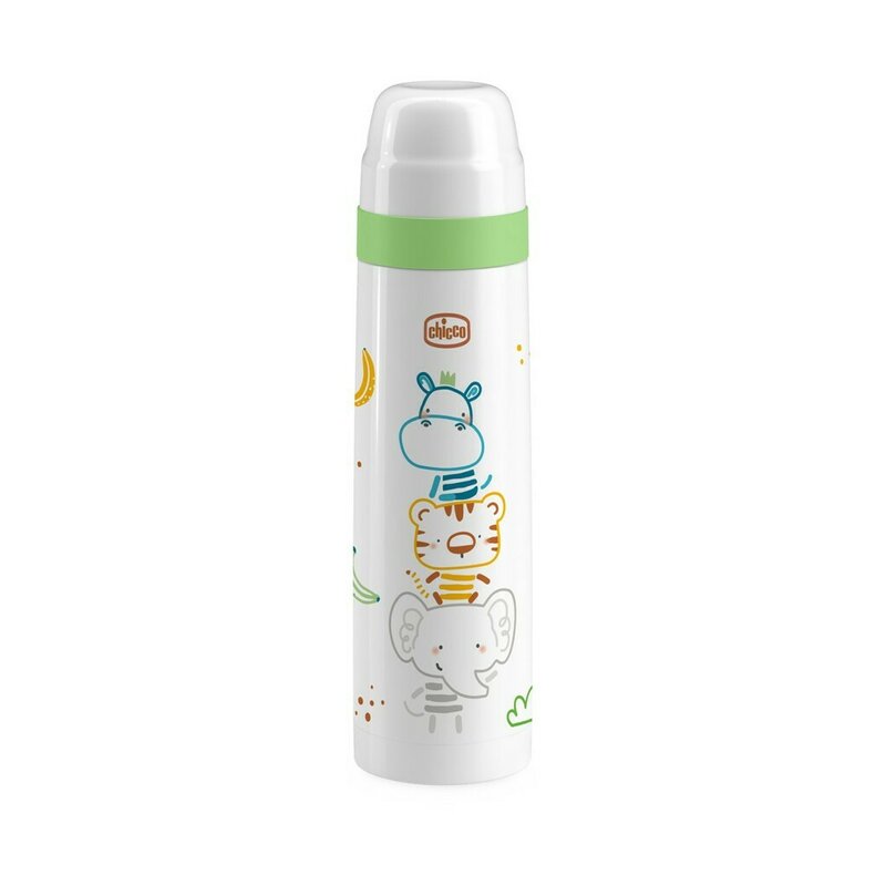 Termos lichide, Chicco, Mentine temperatura 5 h, Capacul utilizabil ca si canuta, Din otel inoxidabil, durabil, Design cu animalute, Alb