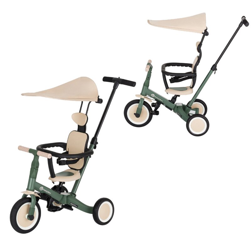 Tricicleta, Petite&Mars, Turbo Plus, 5 in 1, Multifunctionala, Vehicul de impins, Bicicleta cu/fara pedale, Cu maner de ghidaj, Detasabil, Roti din cauciuc, Capotina pentru soare, Pana la 25 kg, 1.5-5 ani, Verde