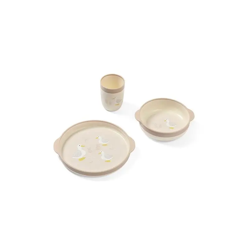Set de hranire, BabyOno, Farmer, Contine farfurie, bol, canuta, Forme ergonomice, Baze antiderapanate, Polipropilena+ TPE, Fara BPA, 12 luni+, Bej