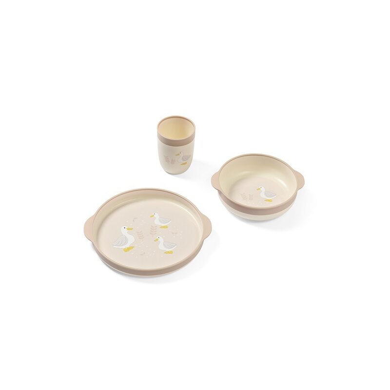 Set de hranire, BabyOno, Farmer, Contine farfurie, bol, canuta, Forme ergonomice, Baze antiderapanate, Polipropilena+ TPE, Fara BPA, 12 luni+, Bej
