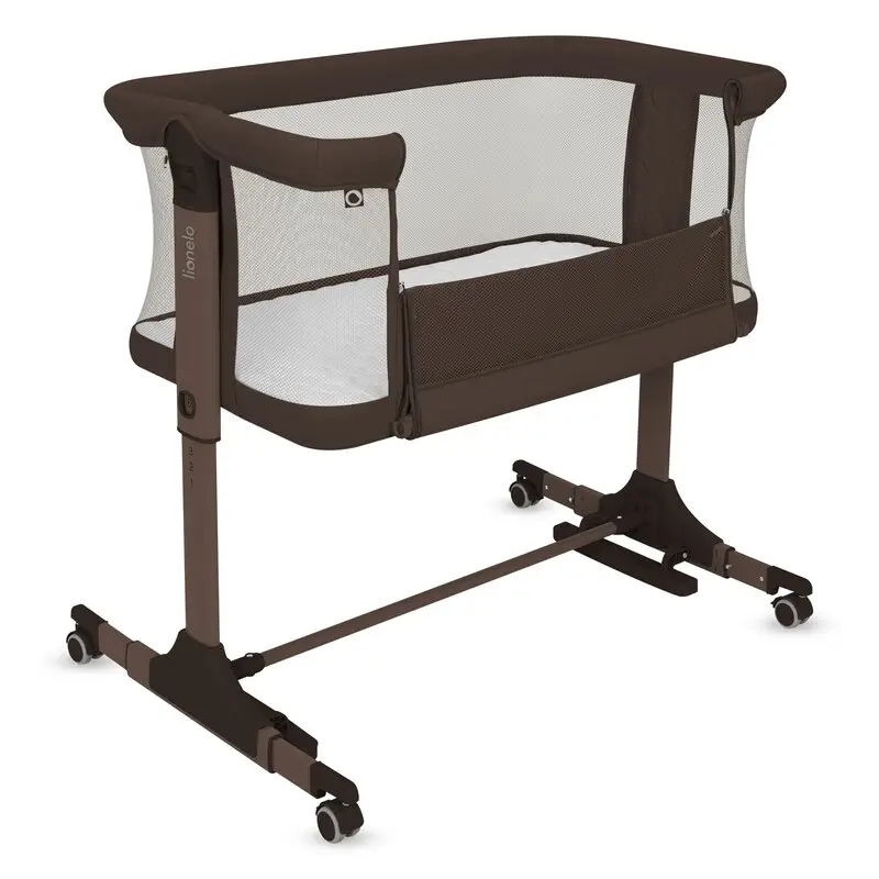 Patut co-sleeper, Lionelo, Pari, Multifunctional, Cu leganare, Reglabil in 6 pozitii pe inaltime, Saltea cu densitate T25, Geanta transport, 84x48x70-80 cm, Maro