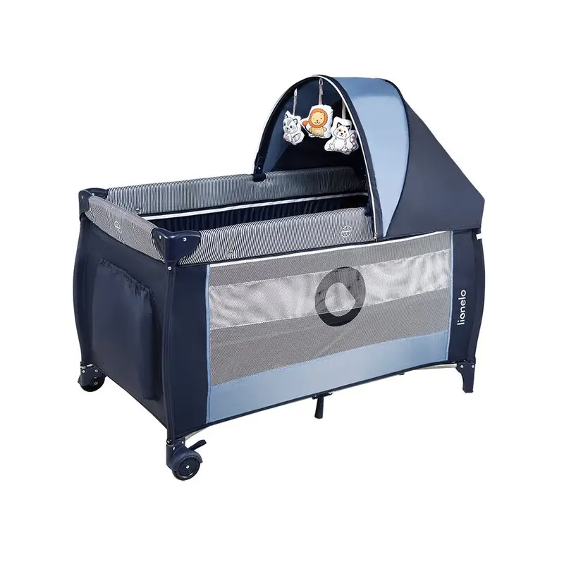 Patut pliant, Lionelo, Sven Plus, 120x60 cm, Cu doua nivele, Cu arcada jucarii, masuta de infasat, vibratii, melodii, conform cu standardele europeane de securitate EN716 si EN12221, Blue Navy, Resigilat