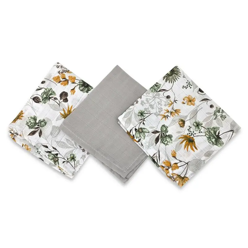 Set 3 museline, Qmini, Multifunctionale, Din bumbac certificat Oeko Tex Standard 100, 30x30 cm, Botanica si Grey