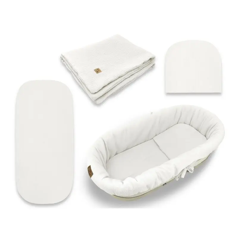 Set pentru landou/cosulet, Qmini, Cu protectie, pilota, saltea, pernuta, Din muselina dubla, Material certificat Oeko Tex Standard 100, Cream