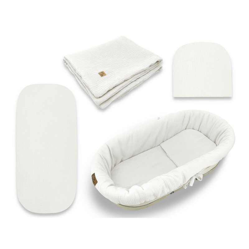 Set pentru landou/cosulet, Qmini, Cu protectie, pilota, saltea, pernuta, Din muselina dubla, Material certificat Oeko Tex Standard 100, Cream