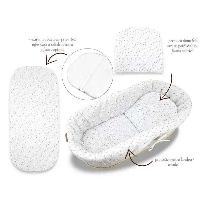 Set pentru landou/cosulet, MimiNu, Cu protectie, saltea si pernuta, Din bumbac certificat Oeko Tex Standard 100, Mini Gray Stars