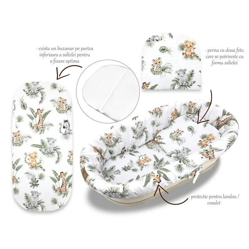 Set pentru landou/cosulet, Qmini, Cu protectie, saltea si pernuta, Din bumbac certificat Oeko Tex Standard 100, Safari