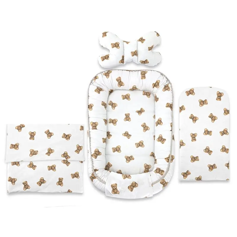 Set 4 in 1 Cosulet bebelus, Qmini, Baby Cocoon 75x55 cm, Din bumbac certificat Oeko Tex Standard 100, Cu paturica, Cu salteluta, Cu perna fluture, Teddy Toys