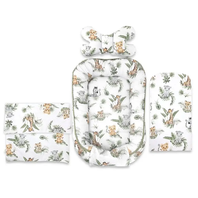 Set 4 in 1 Cosulet bebelus, Qmini, Baby Cocoon 75x55 cm, Din bumbac certificat Oeko Tex Standard 100, Cu paturica, Cu salteluta, Cu perna fluture, Safari