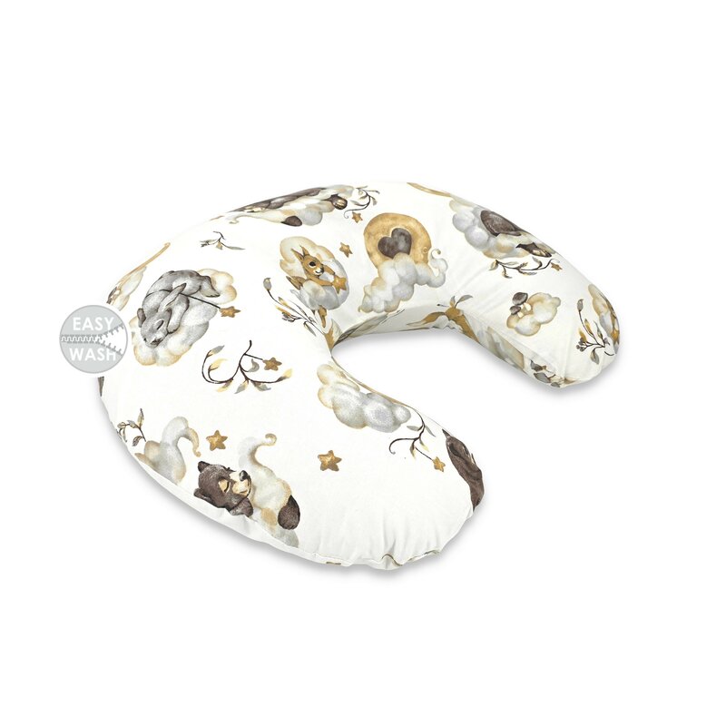 Perna pentru alaptat, Qmini, Din bumbac certificat Oeko Tex Standard 100, Cu husa detasabila, Cu fermoar securizat, Circumferinta 155 cm, Teddy Bear and Friends Beige