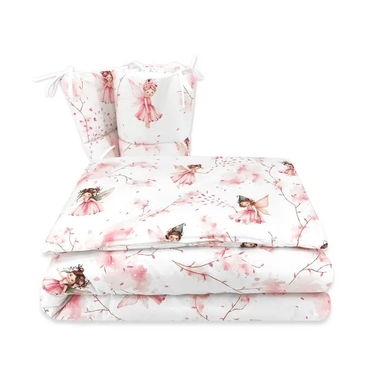 Lenjerie patut 3 piese, Qmini, Pentru patut 120x60 cm, Cu protectie laterala, Din bumbac certificat Oeko Tex Standard 100, Fairy Pink