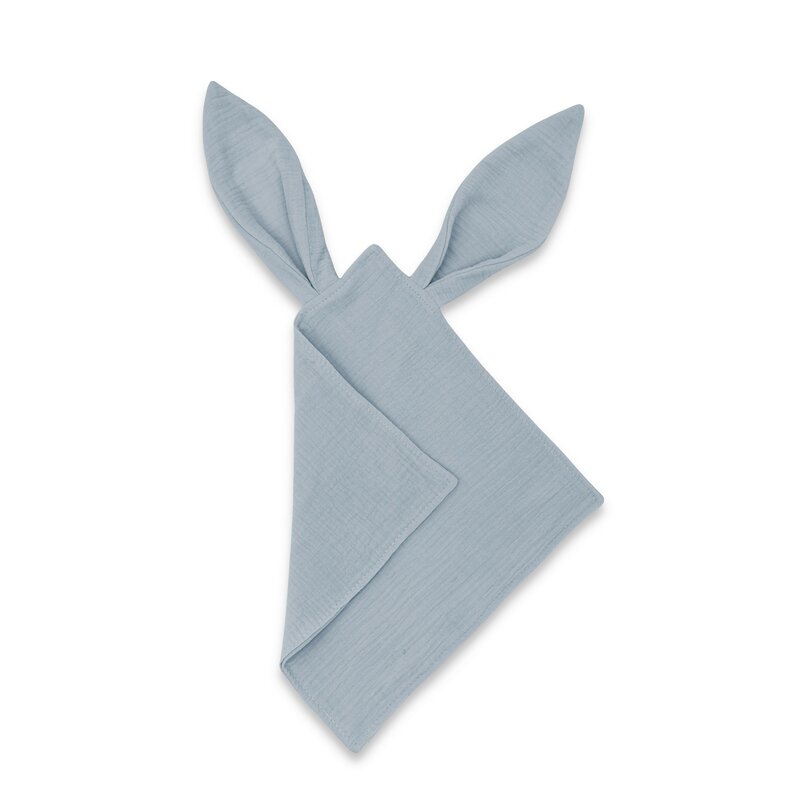 Jucarie textila senzoriala, Qmini, Cu urechi fosnitoare, 30 x 30 cm, Din muselina dubla, Jeans
