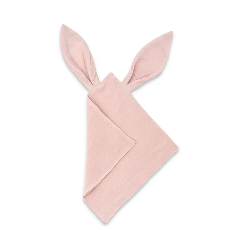 Jucarie textila senzoriala, Qmini, Cu urechi fosnitoare, 30 x 30 cm, Din muselina dubla, Powder Pink