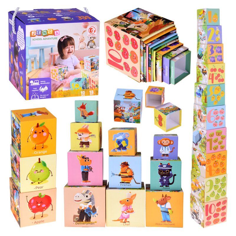 Cuburi educative cu multiple moduri de aranjare, 10 piese, 18 luni+