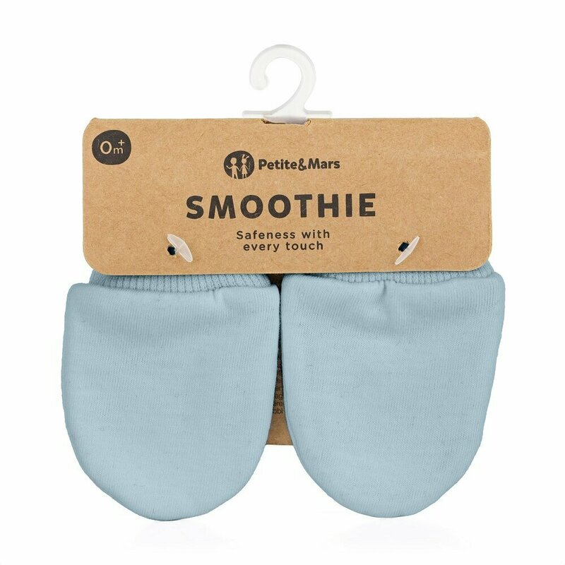 Manusi pentru nou-nascuti, Petite&Mars, Smoothie, Bumbac 100%, Material moale si respirabil, Protectie impotriva zgarieturilor, Manseta lata, 2 straturi, 6 x 10 cm, 0 luni+, Albastru