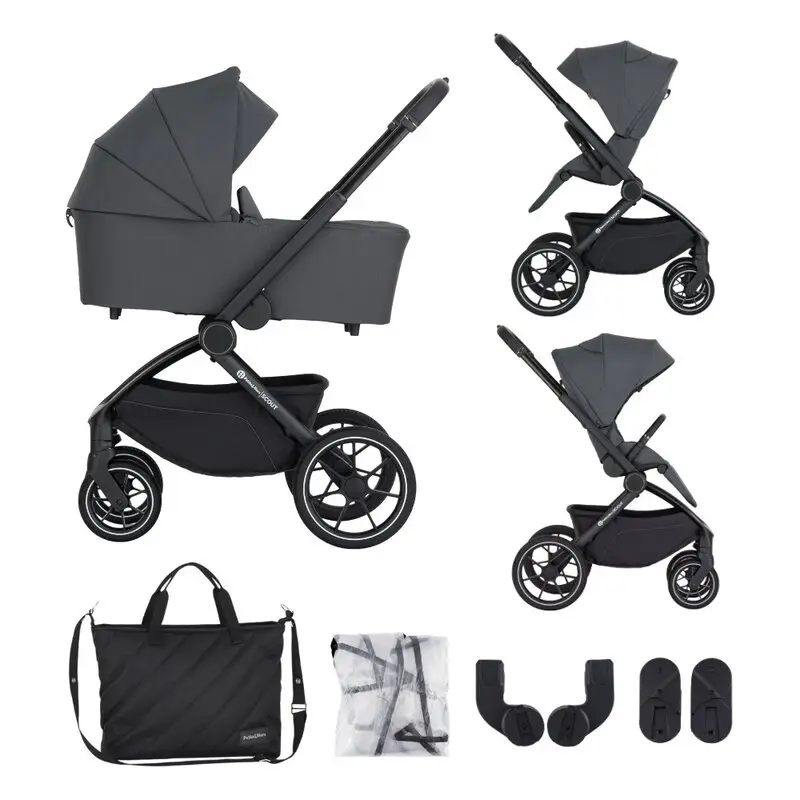 Carucior 2 in 1, Petite&Mars, Scout, Cu landou pliabil, Reversibil, Spatar si suport de picioare reglabile in 3 pozitii, Maner ajustabil, Cu accesorii, Pana la 22 kg, 0 luni+, Gri