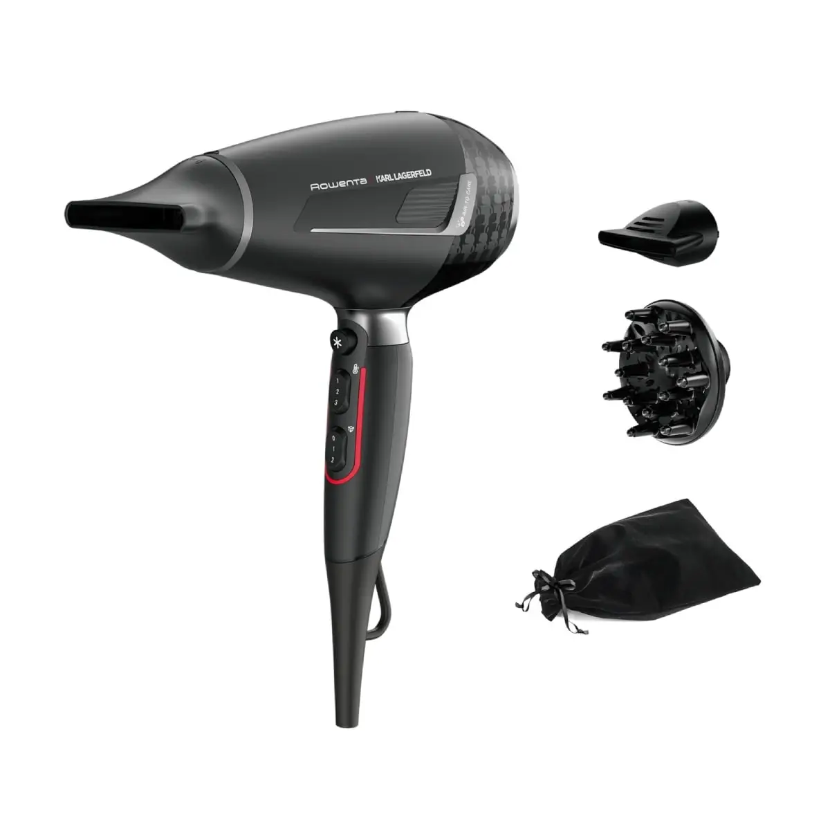Uscător de păr Rowenta x Karl Lagerfeld Pro Stylist CV888LF0  2200W  Tehnologia Rowenta Air-to-Care  invelis Keratin&Glow  3 accesorii  jet de aer r