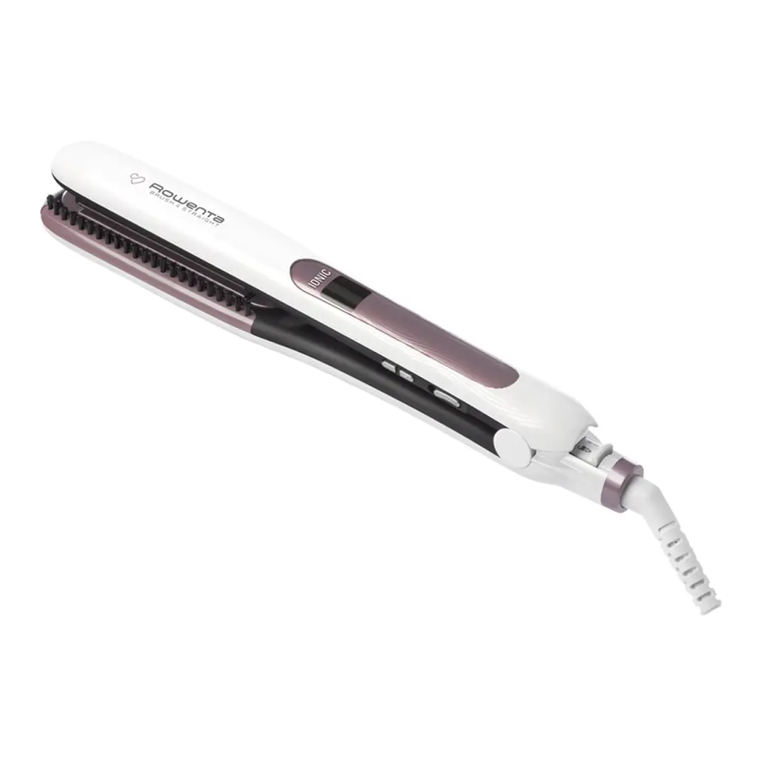 Placă de păr Rowenta Brush&Straight Premium Care SF7510F0  LCD  130 - 200 °C  perie integrată cu peri turali  plăci mobile  ionizare  Cashmere Ke