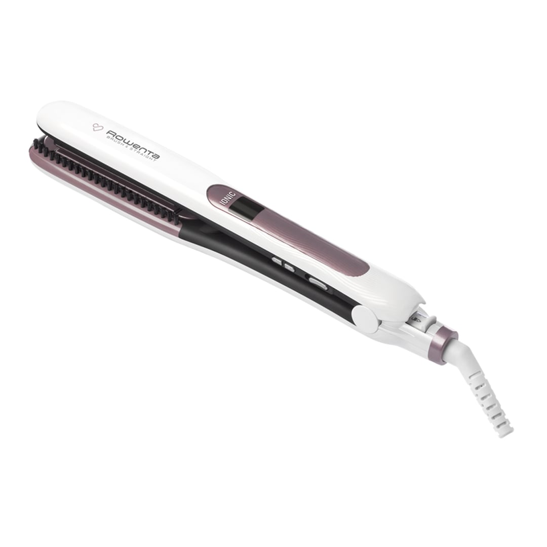 Placă de păr Rowenta Brush&Straight Premium Care SF7510F0  LCD  130 - 200 °C  perie integrată cu peri turali  plăci mobile  ionizare  Cashmere Ke