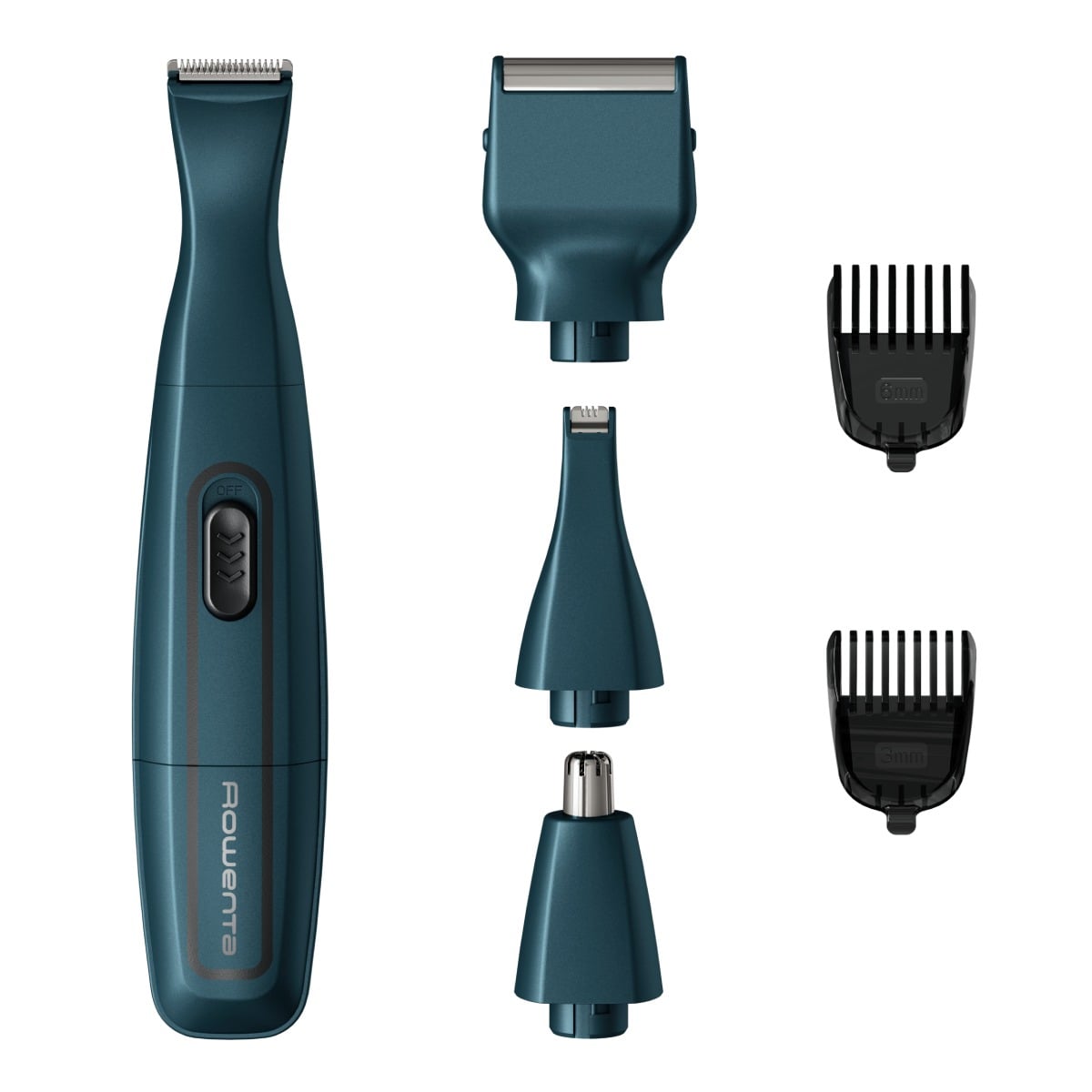 Aparat de tuns barba Rowenta Nomad TN3651F0  lame inox cu  înveliş din titan  rezistent la apa  accesoriu pentru ras  baza de depozitare  albastru