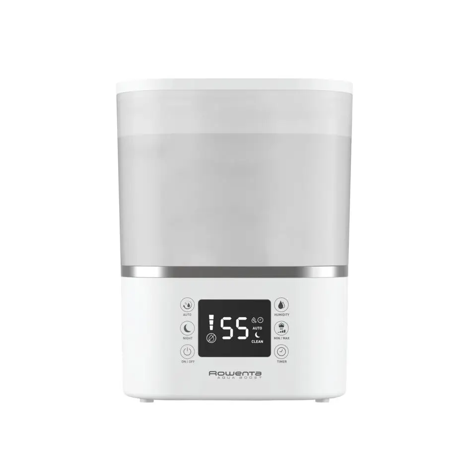 Umidificator Rowenta Aqua Boost HU4020F0  acoperire 50 m2  flux de aer de 380 ml/h  rezervor 2.5L  ecran LED  timer  Alb/argintiu