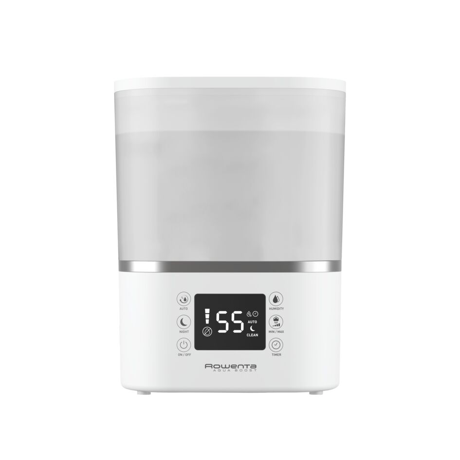 Umidificator Rowenta Aqua Boost HU4020F0  acoperire 50 m2  flux de aer de 380 ml/h  rezervor 2.5L  ecran LED  timer  Alb/argintiu