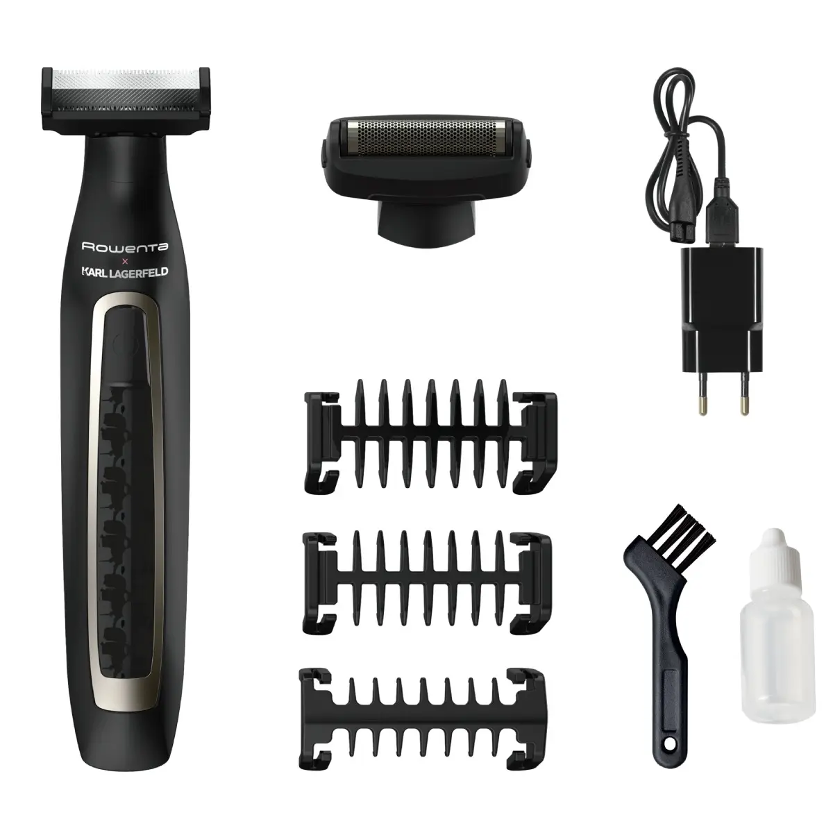 Aparat de tuns  ras si conturat Rowenta X Karl Lagerfeld Forever Sharp TN602LF0  8000 rpm  lame inox  autonomie 120 minute  negru