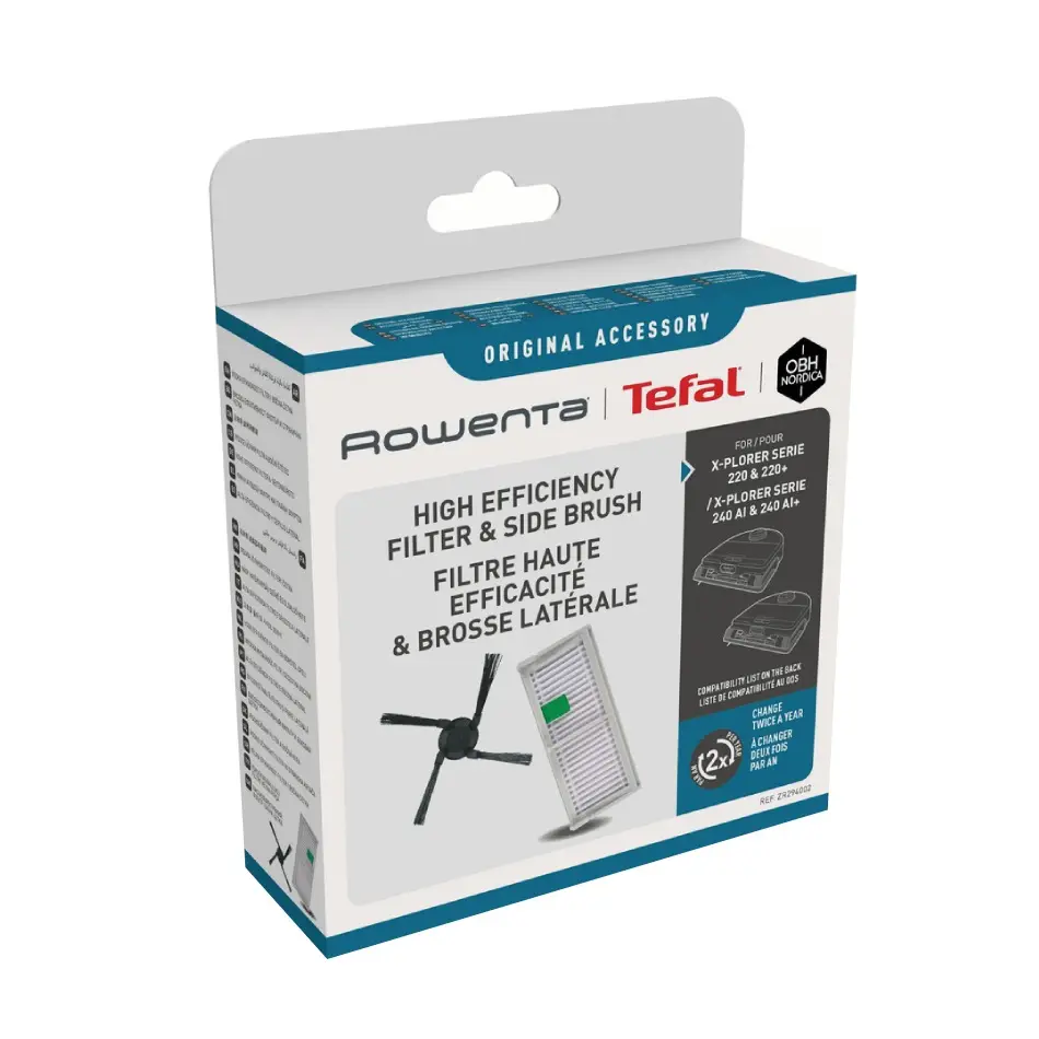 Kit Rowenta ZR294002 cu filtru de inalta performanta si perie laterala  compatibil cu aspiratoarele robot Rowenta X-Plorer 220  220+  240 AI  240 AI+