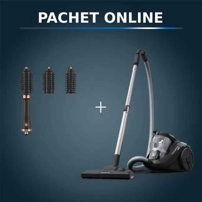 Pachet PROMO Aspirator fara sac Rowenta Compact Power Cyclonic RO3725EA 750W si Peria rotativă cu aer cald Rowenta Ultimate Experience CF9620F0