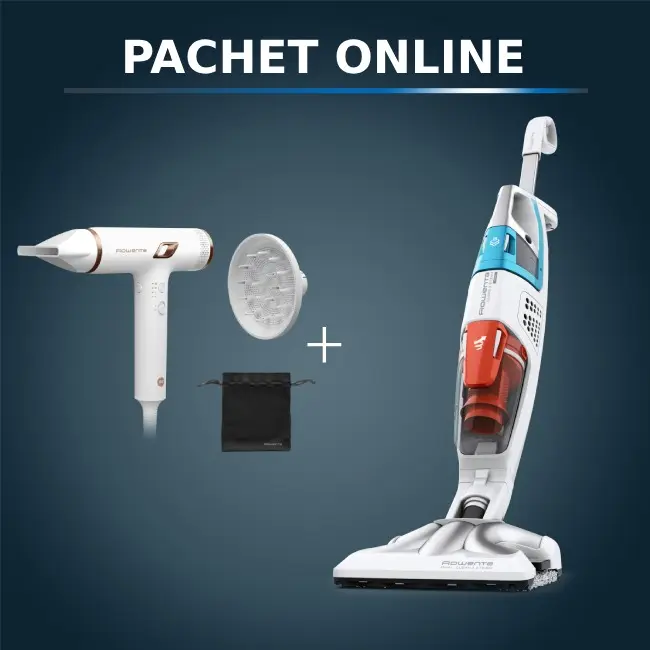 Pachet PROMO Aspirator cu abur Rowenta Clean & Steam Multi RY8544WH  1700W & Uscator de par compact Rowenta Nano HY8140F0  1700W