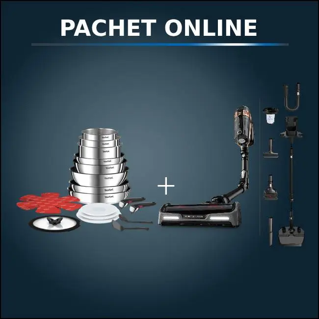 Pachet PROMO Rowenta Aspirator vertical fără fir X-Force Flex15.60 RH99F1WO si Set 20 piese Tefal Ingenio Emotion L897SJ04
