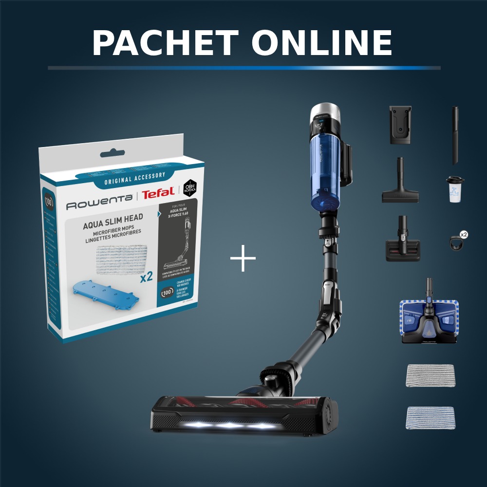 Pachet PROMO Aspirator vertical fără fir Rowenta X-Force Flex 9.60 Aqua RH20C7WO & Kit de 3 mopuri din microfibra ZR009502