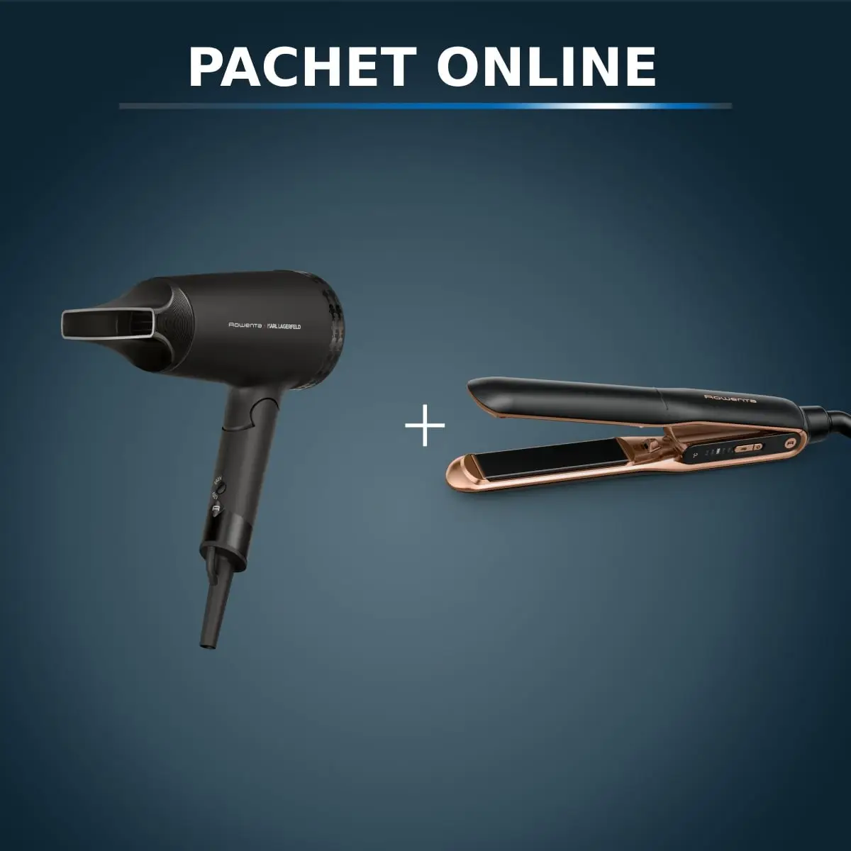 Pachet PROMO Uscator de par ROWENTA x Karl Lagerfeld Express Style CV184LF0 si Placa de indreptat parul Rowenta Ultimate Experience SF8120F0