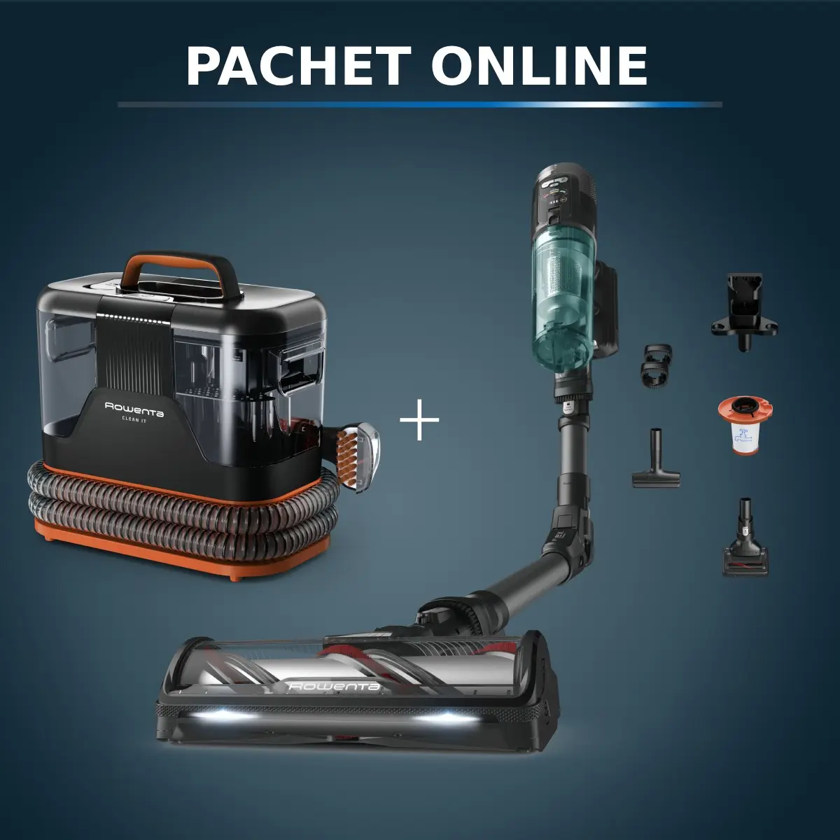 Pachet PROMO Aspirator tapiterie Rowenta Clean IT IN5011F0 si Aspirator vertical fara fir Rowenta X-Force Flex 12.60 NEO RH9L42WO