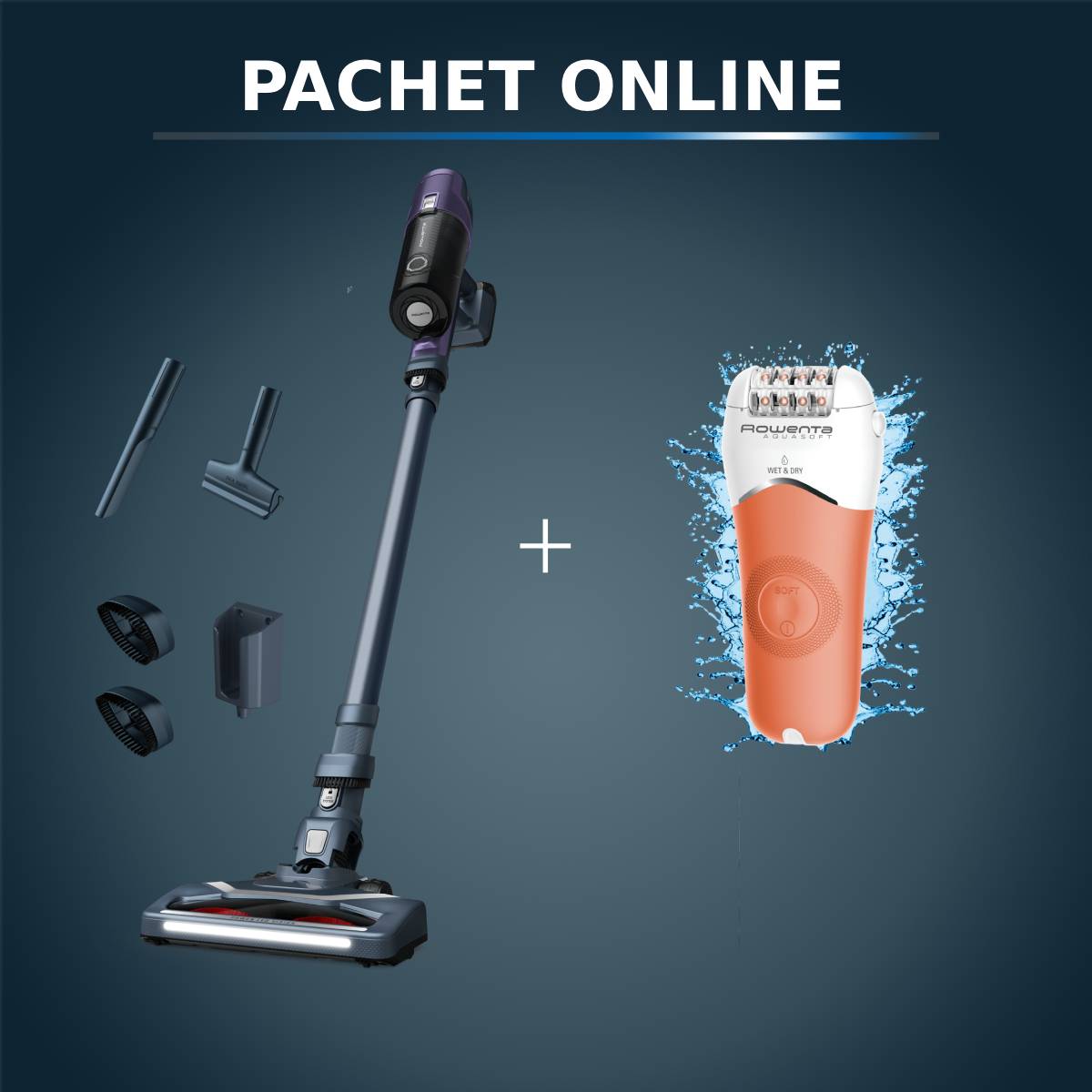Pachet PROMO Aspirator vertical fără fir Rowenta  X-Pert 6.60 Essential RH6838WO & Epilator Rowenta Aqua Soft EP4920F0  4 accesorii