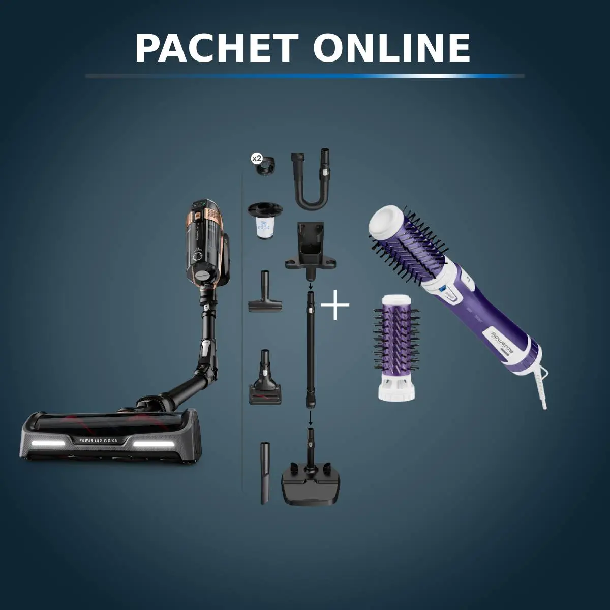 Pachet PROMO Aspirator vertical Rowenta X-Force Flex15.60 RH99F1WO & Perie rotativă Rowenta Brush Activ' Volume&Shine 2 CF9530